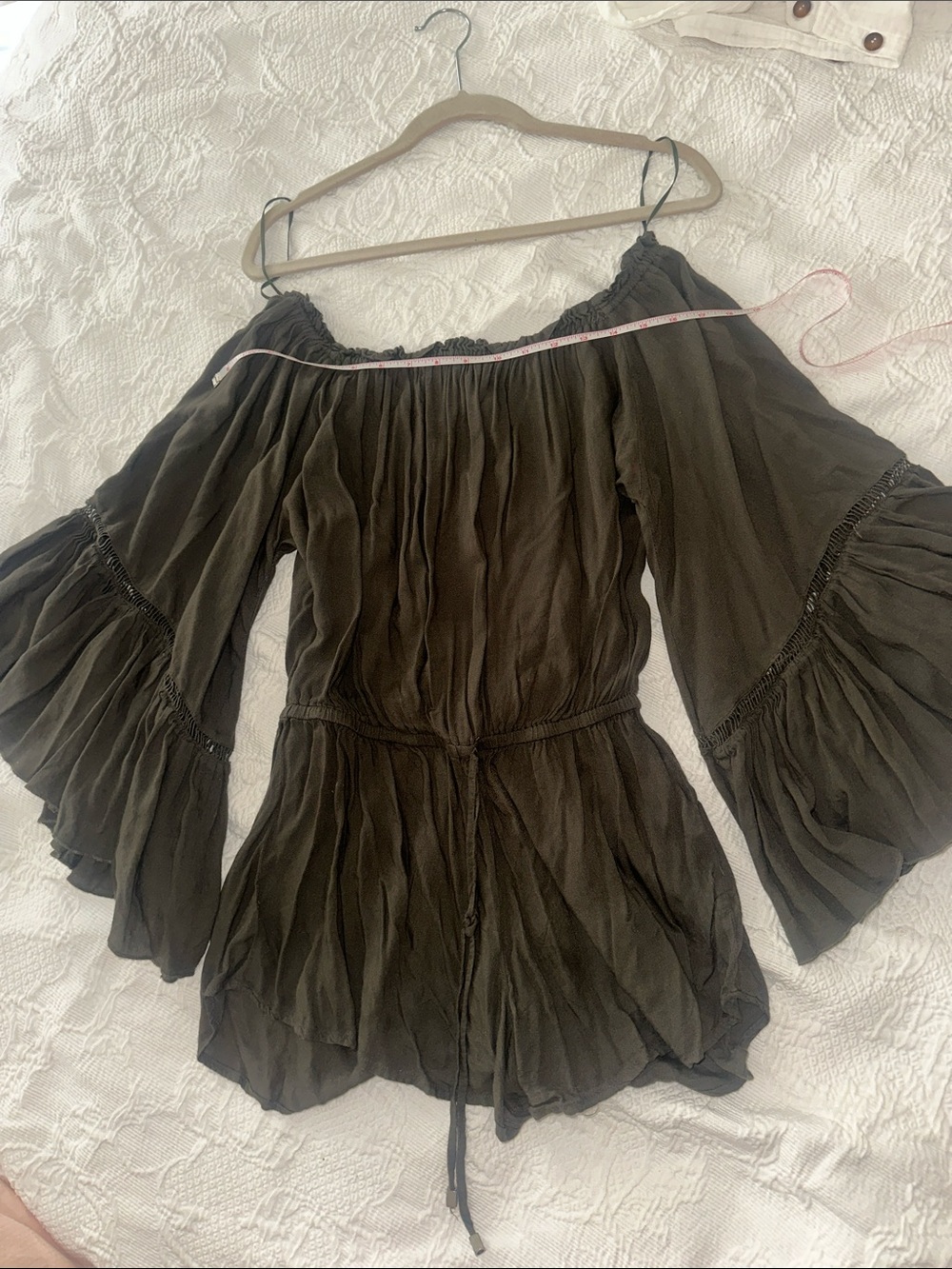 Elan Off-Shoulder Olive Green Bell-Sleeve Romper